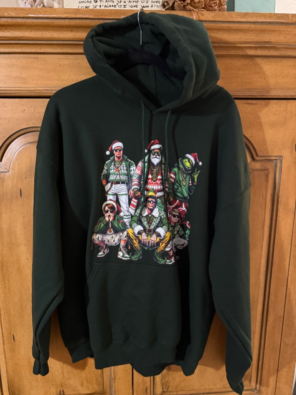 Dark Green Holiday Graphic Pullover Hoodie- XL
